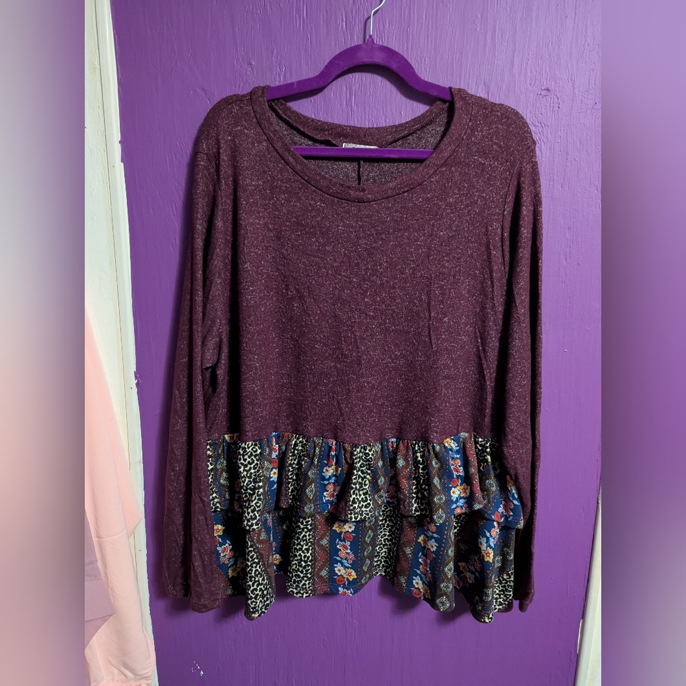 💜 Story Teller Purple Floral Leopard Print Paisley Babydoll Top 3X 22 24